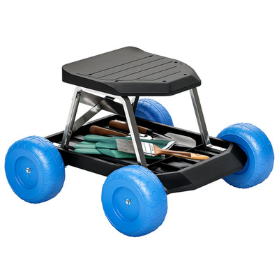 Outsunny Gartenwagen mit Rollen, Werkzeugablage zum Jäten, Pflanzen, blau
