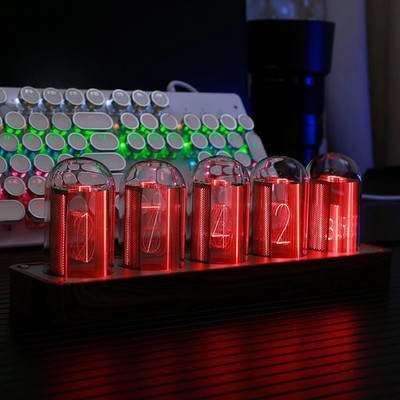 Retro Nixie Tube Clock with Wi-Fi Sync, Alarm & Timer - Wood Grain Design