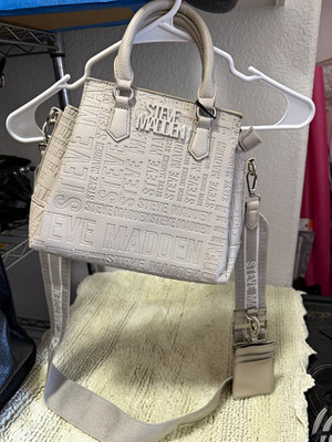Steve Madden Beige Faux Leather Embossed Logo Zip Satchel w/ Detachable Strap