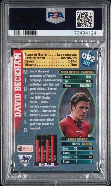1996 Merlin Premier Gold Rookies #092 David Beckham RC MAN UNITED ENGLAND PSA 6 view 2