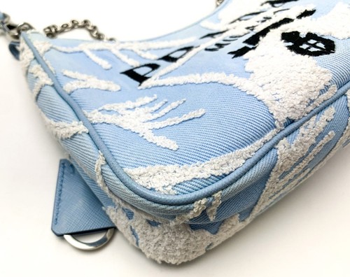PRADA Re-Edition 2005 Embroidered Denim Shoulder Bag Light Blue White Floral - Picture 6 of 10