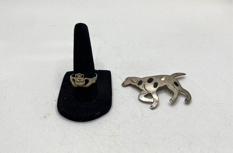 Sterling Silver 925 Claddagh Ring & Mexican Dalmatian Brooch Jewelry Lot of 2