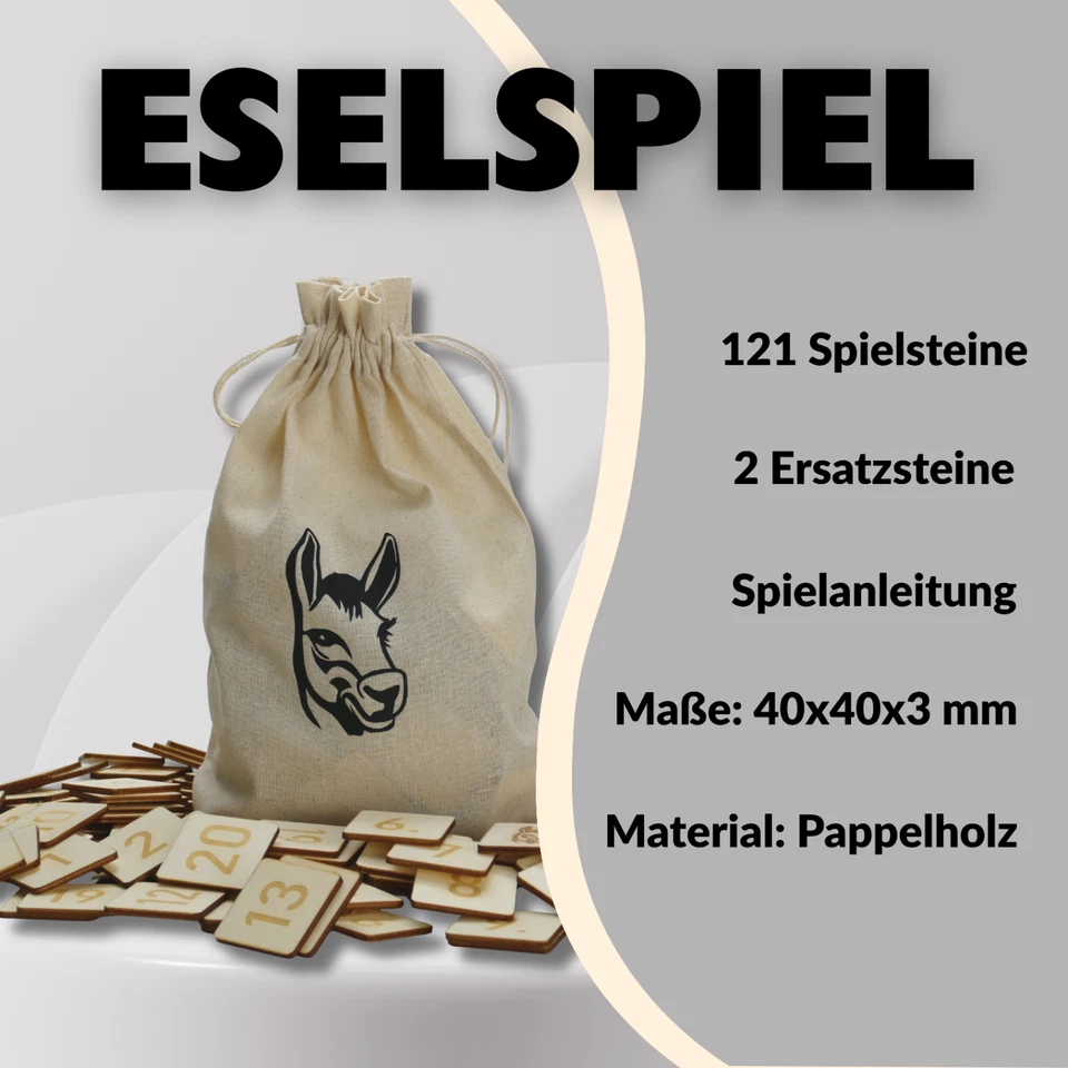 Eselspiel Holz | 121 Holzplättchen + 2 Ersatz im Baumwollbeutel - Bild 2 von 4