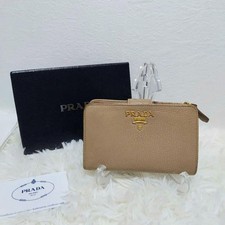 PRADA Two-Fold Wallet Vittero Grain Gold Logo Textured Leather Beige