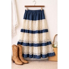 Vintage 90s Prairie Lace Chambray Tiered Midi Skirt Boho Cottagecore Festival L