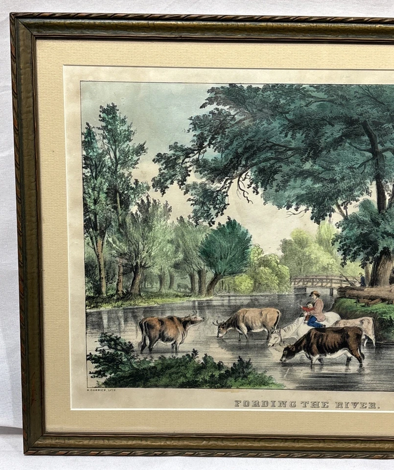 Antique Original Nathaniel Currier Fording the River Lithograph c.1848-56 Framed - Image 4 of 4