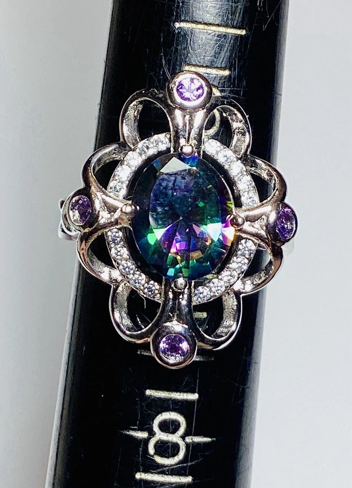 很漂亮! 925 纯银签名彩虹神秘火黄玉戒指 尺寸 6.75 — 第 2/4 张图片