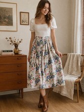 Vtg Jantzen Floral Button-Front Midi Skirt Sz 14 90s Cottagecore Grannycore Blue