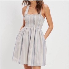 American Eagle Women's Smocked Cross Strap Mini Dress Striped Pockets NWT XS