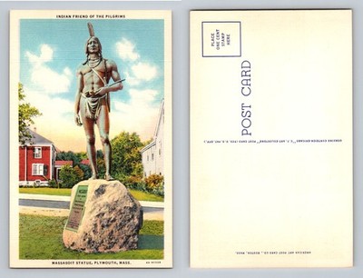 Plymouth, MA-Massachusetts, Massasoit Statue Pilgrim Monument Vintage Postcard