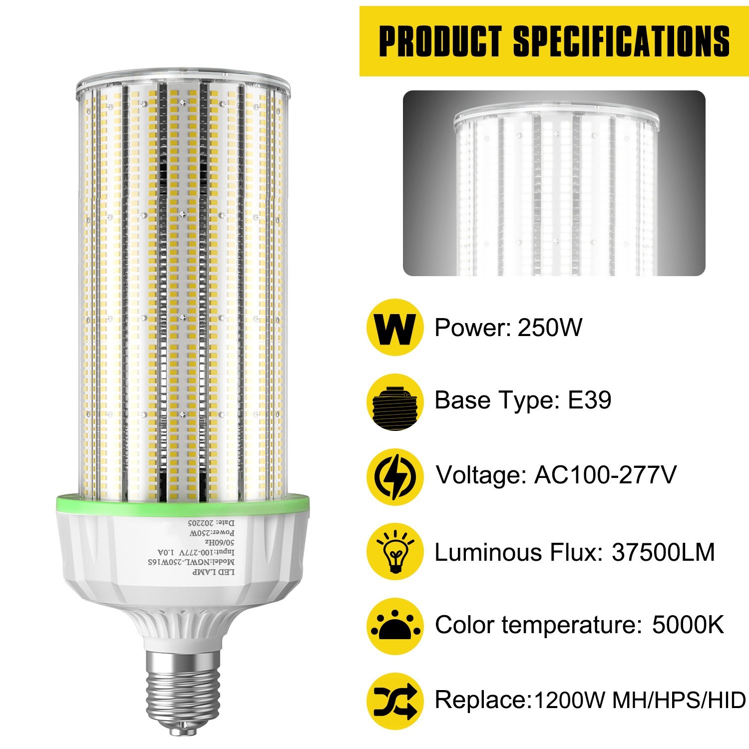 250W LED Corn Light Bulbs, 37500Lumen E39 Mogul Base 5000K Daylight AC110-277V