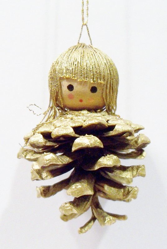 Girl Child Wooden Wood Head Pine Cone Body Gold String Hair Vntg Italy Ornament