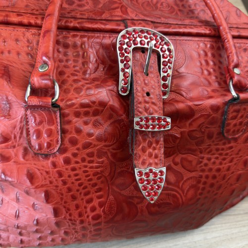 B.B. Simon Women's Red Leather Satchel Handbag Rhinestone Western Buckle Large