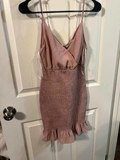 Women’s Pink Solid V-Neck Spaghetti Strap Smocked Ruffle Mini Dress Pullover S