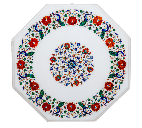 Tavolo 2' Marmo Bianco Pranzo Caffè Ottagonale Intarsio Malachite Pavone Parete - Foto 3 di 4