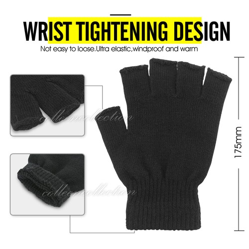 Black Fingerless Gloves Knitted Winter Warm Half Open Finger Soft Mittens Unisex - Picture 4 of 10