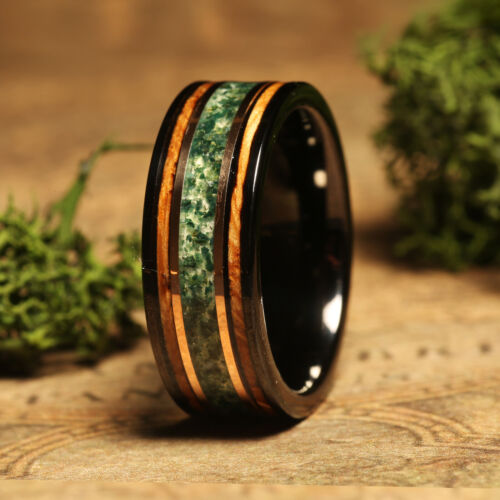 Anello a botte di whisky agata muschio nero da uomo fede nuziale anello da uomo in tungsteno massiccio - Foto 2 di 12