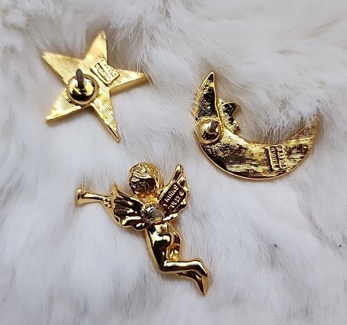 Lot of 3 KIRKS FOLLY gold tone Crescent moon & Star Cherub, brooch Rhinestones - Picture 5 of 8