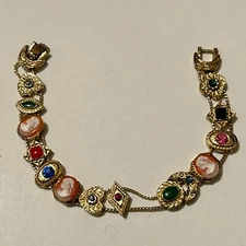 Vtg Goldette Style Victorian Revival Goldtone Slide Bracelet 14 Charms Cameos