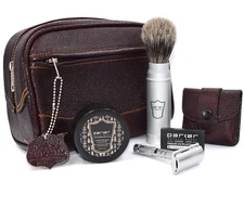 Parker TRAVEL Kit - Leather Dopp Bag, Travel PB Shave Brush, Safety Razor & Soap