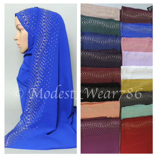 High Quality Chiffon Hijab Shayla Scarf Muslim Headcover Rhinestones 20 Colors - Photo 1/9