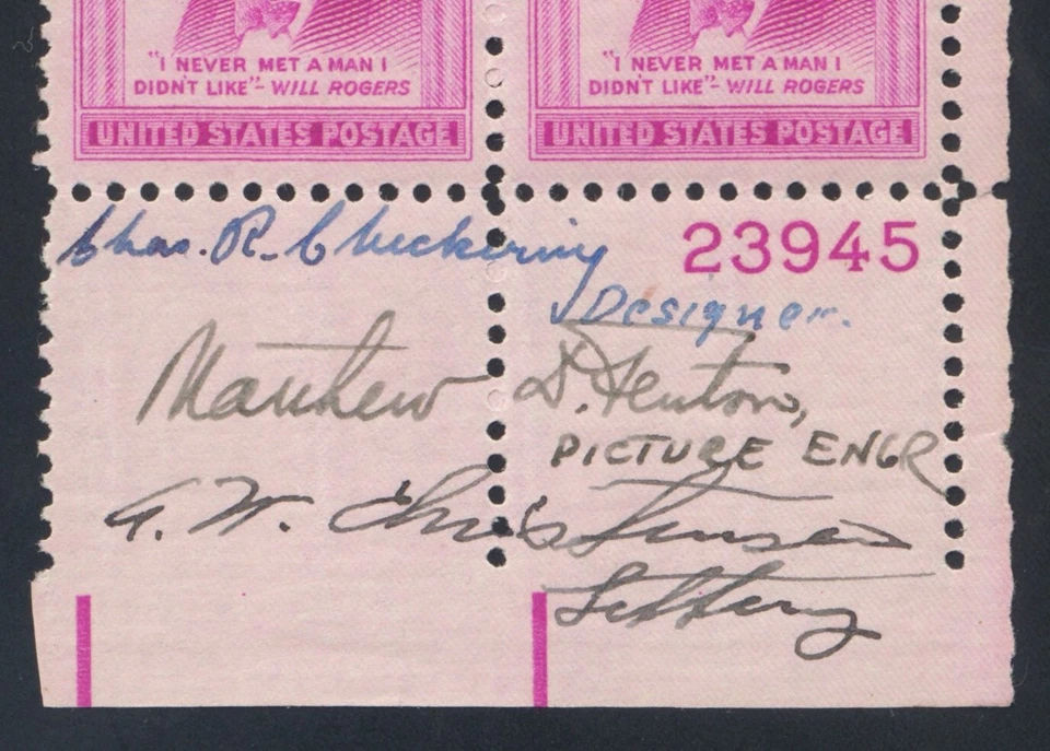 US Stamps Scott #975 Will Rogers Plate Block with 3 Signatures NH - Image 2 of 2