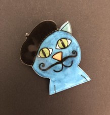 French Blue Beret Cat moustache Artist Quirky Funky Boho Parisan Acrylic Brooch