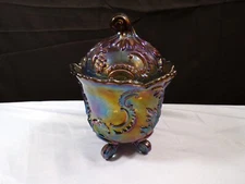 Imperial Purplish Peacock Carnival Glass Louis XIV Covered Candy Dish