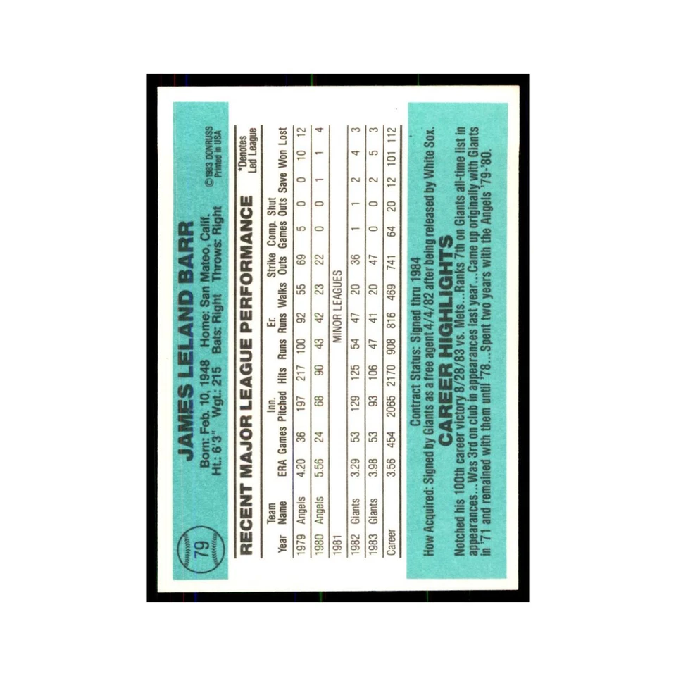 Jim Barr 1984 Donruss #79 San Francisco Giants Baseball Card NM - Image 2 of 3