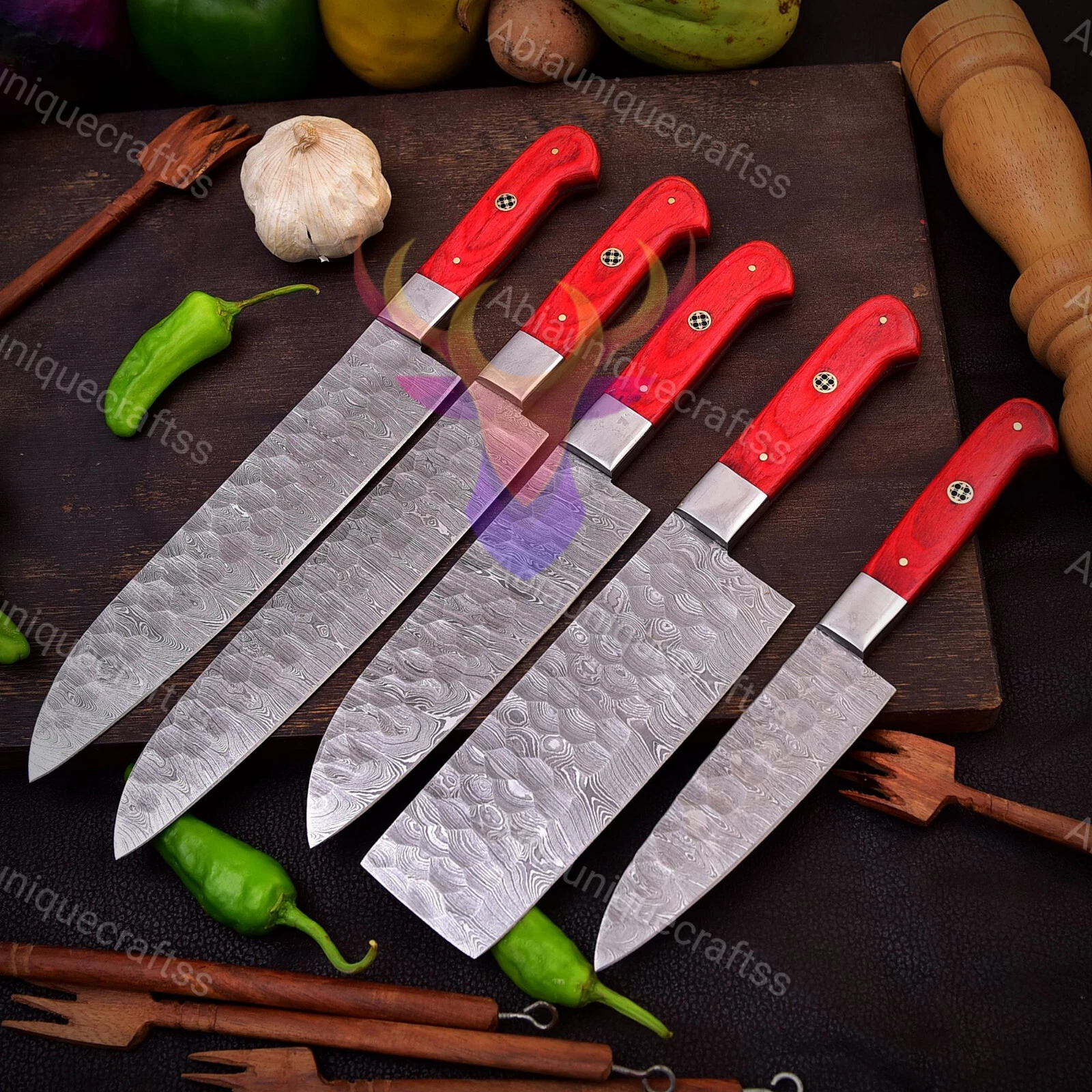 Damascus Steel Red 5 Pc Chef Knife Set Kitchen Knives Meat Knife Wth Leather Bag
