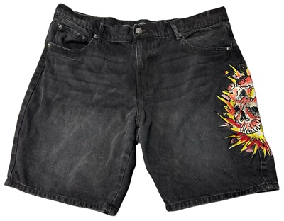 Ed Hardy Jean Shorts Jorts Mens 38 Embroidered Skull Fire Flame