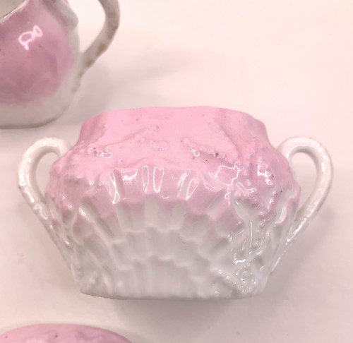 Vintage Childs Porcelain Sugar Bowl & Creamer Pink Seashell Design - Picture 4 of 6