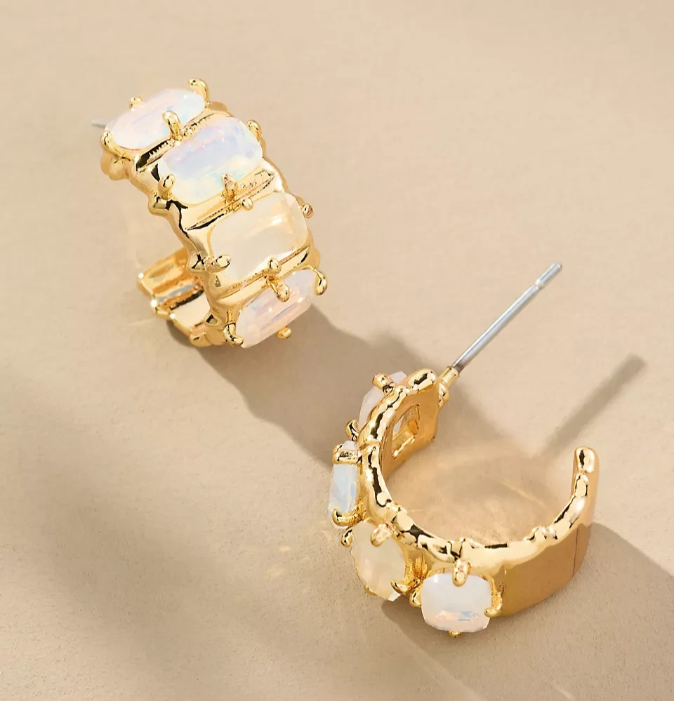 ANTHROPOLOGIE Crystal Baguette Huggie Hoop Earrings - 14K Gold Plated - White