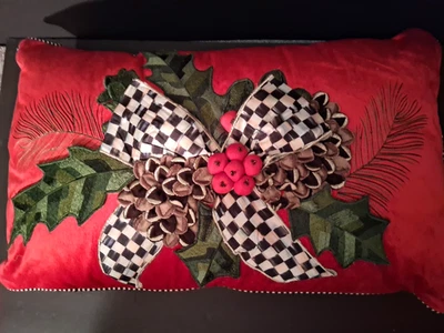 MacKenzie Childs Christmas HOLLY HOLIDAY 26"x16" Lumbar Pillow Courtly Check 3D - Image 1 of 4