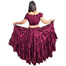 Women Satin 32 Yard 5 Tier Skirt Belly Dance Ruffle Gypsy Flamenco Skirt
