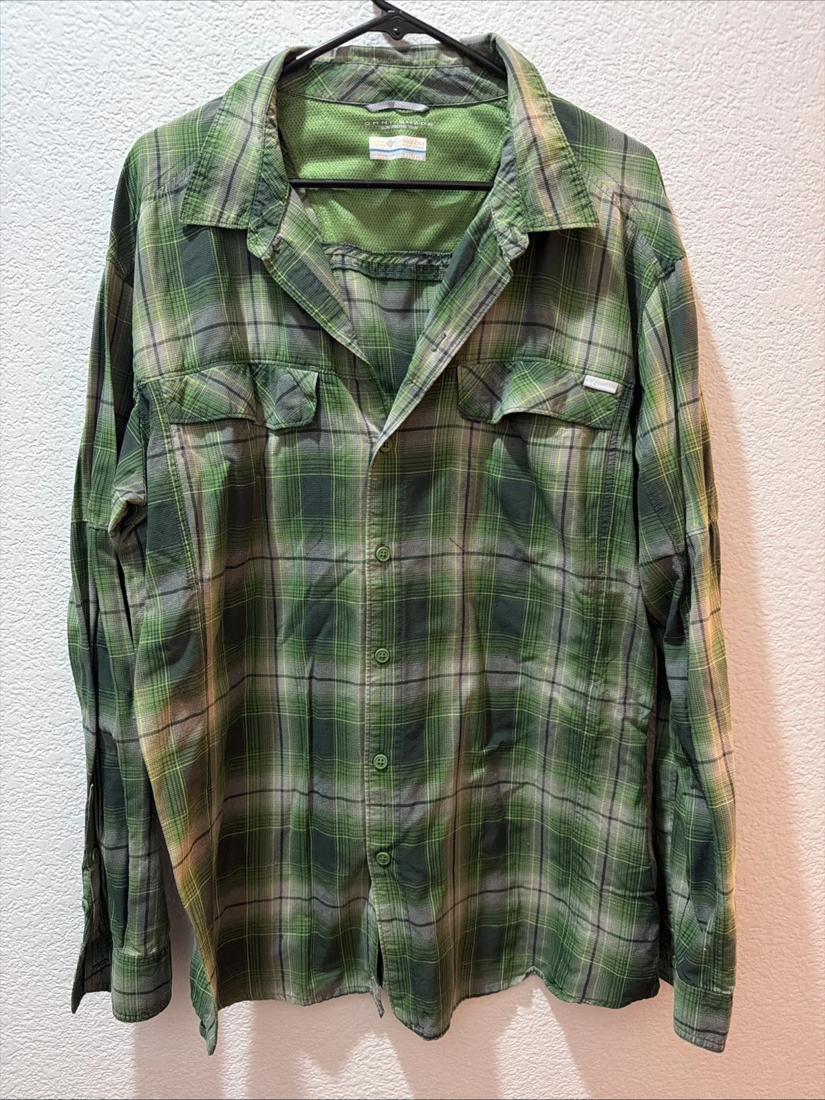 Columbia Men's Omni-Shade Long-Sleeve Hiking Fishing Green Plaid XXL 2XL Vented