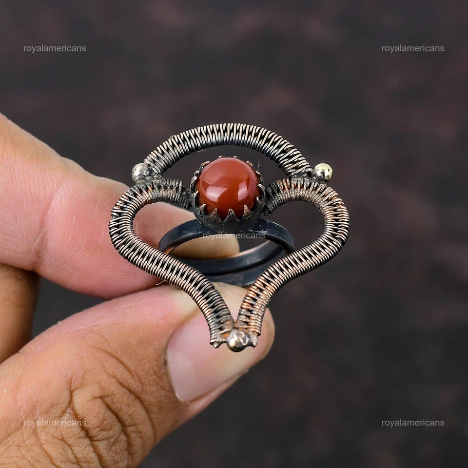 Anillo de cumpleaños apilable con piedras preciosas de cornalina redonda oferta del día de las hermanas joyería cobre Foto 4 de 4