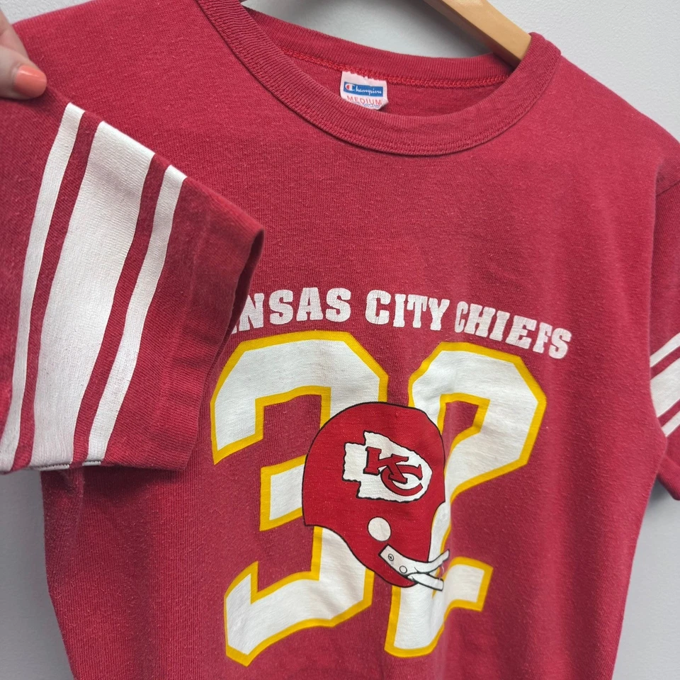 Vintage Kansas City Chiefs Football Ringer T-Shirt Champion Blue Bar 34" Chest - Image 3 of 4