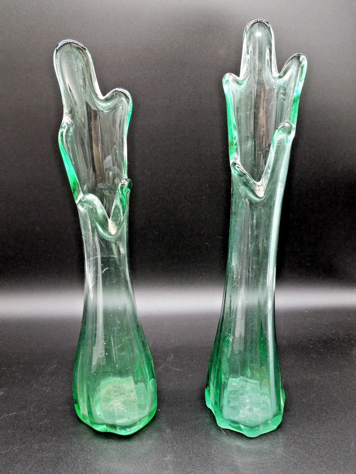 (2) Five Finger Swung Vase Stretch Emerald Green Art Glass Vintage MCM  13”