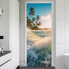 Sea Wave Beach Shore Tree Peel and Stick Door Stickers Vinyl 3D Door Mural De...
