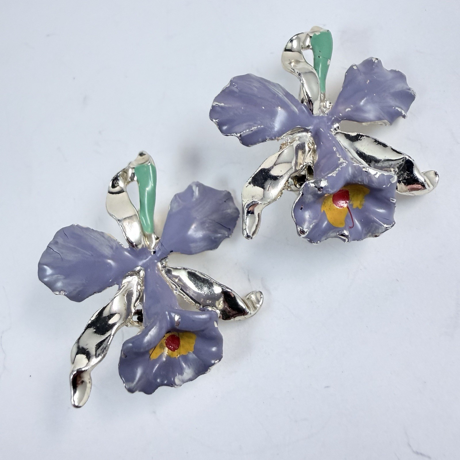 Vintage Purple Enameled Orchid Silver Tone Scatter Pins Brooches