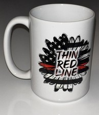 15 oz Thin Red Line Patriotic Sunflower Fire Fighter Coffee Cup/Mug-Made In USA
