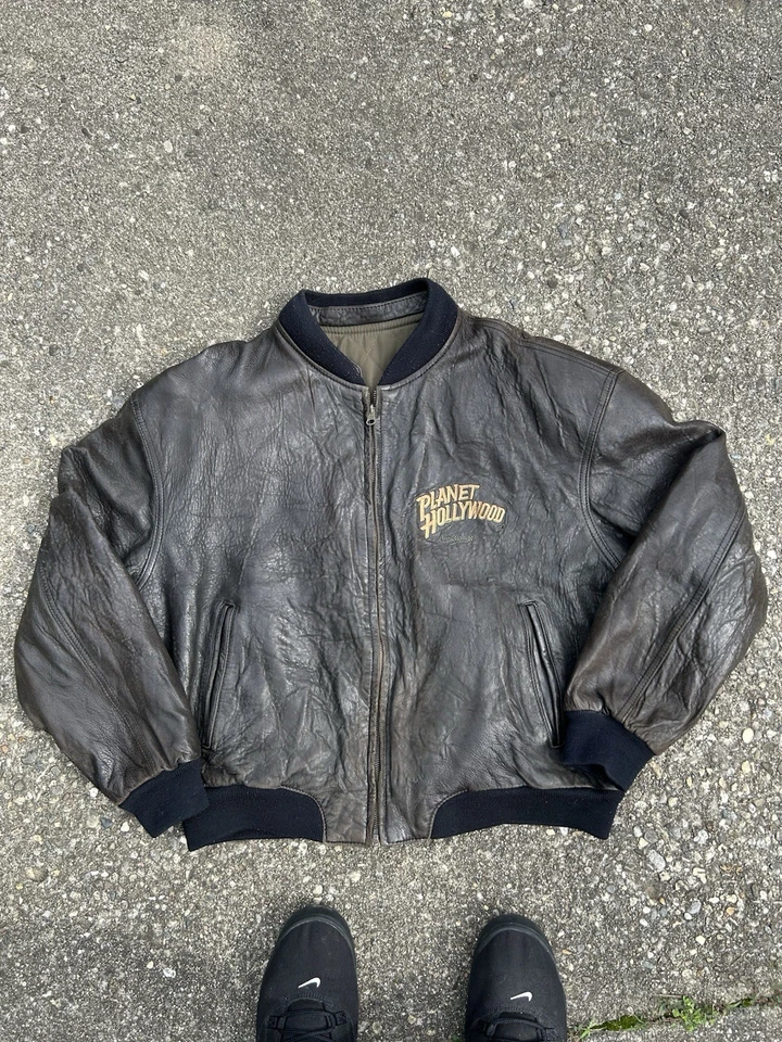 Chaqueta reversible acolchada vintage 1990 Planet Hollywood cuero marrón oliva  Foto 2 de 4