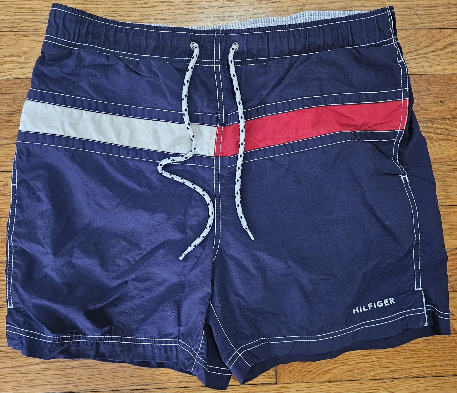 Vintage 90's Tommy Hilfiger Men's Swim Trunks Board Shorts Red White Blue Medium