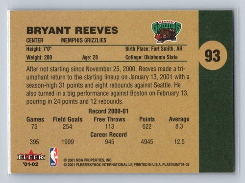 2001-02 Fleer Platinum #93 Bryant Reeves Memphis Grizzlies - NM/MT - Picture 2 of 2