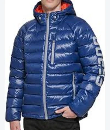 GUESS men's active sleeve screen printed puffer coat size M/ P2P 23 video thumbnail