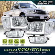 For 2001-2004 Tacoma Pickup Chrome LED DRL Headlamps + Clear Signal Bumper Light