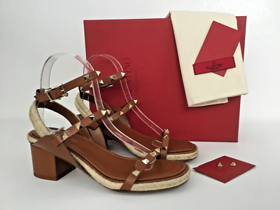 VALENTINO GARAVANI Rockstud Sandals Strappy Block Heel Brown  display picture 2