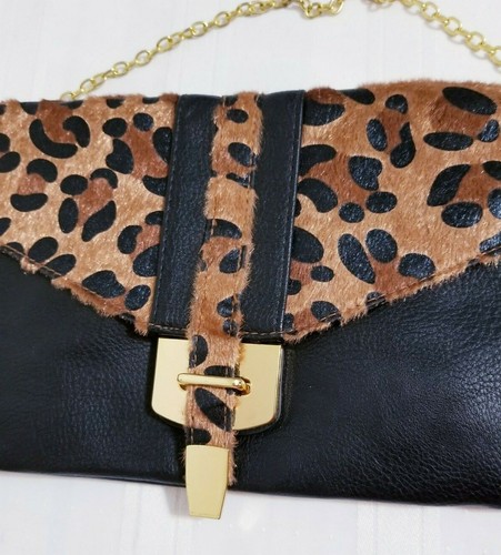 Lp Blue LINEA PELLE Faux BLACK Leather SHOULDER BAG W/CHAIN STRAP Animal PRINT