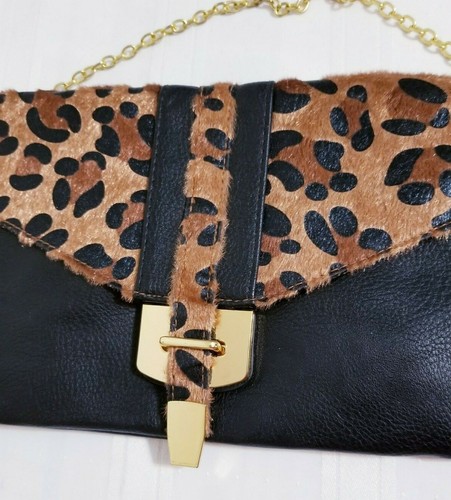 Lp Blue LINEA PELLE  Faux  BLACK Leather SHOULDER BAG W/CHAIN STRAP Animal PRINT - Afbeelding 1 van 12